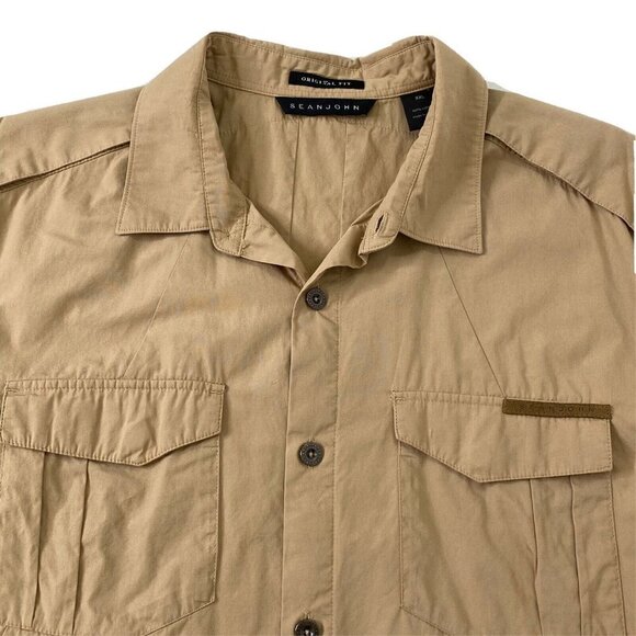 Sean John Shirt Mens size XXL Original Fit Button Front Short Sleeved KhakiBeige - Picture 3 of 10